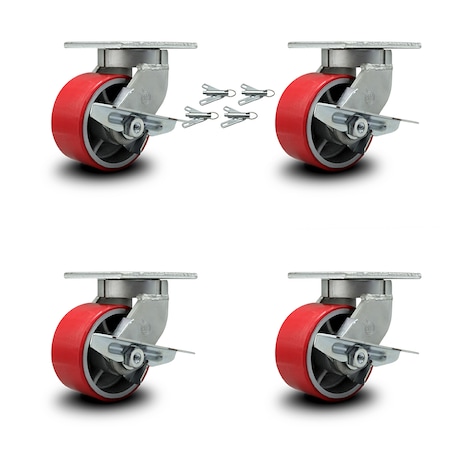 Service Caster 6 Inch Heavy Duty Red Poly on Cast Iron Caster Set with Brake and Swivel Lock SCC-KP92S630-PUR-RS-SLB-BSL-4
